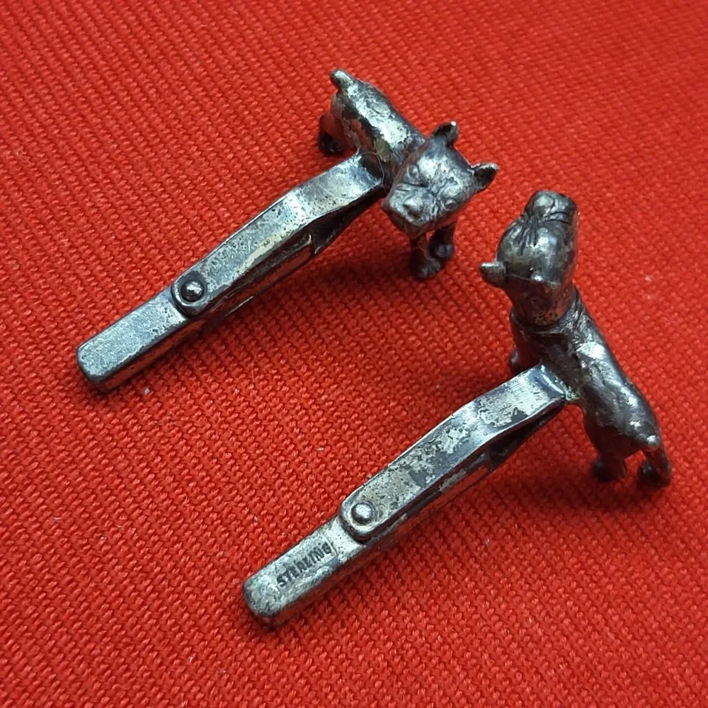Vintage Signed Sterling Silver 3D Mechanics Heads Dog Cufflinks